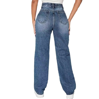 Zerrissene trendige Damen Jeans gerade, hohe Taille