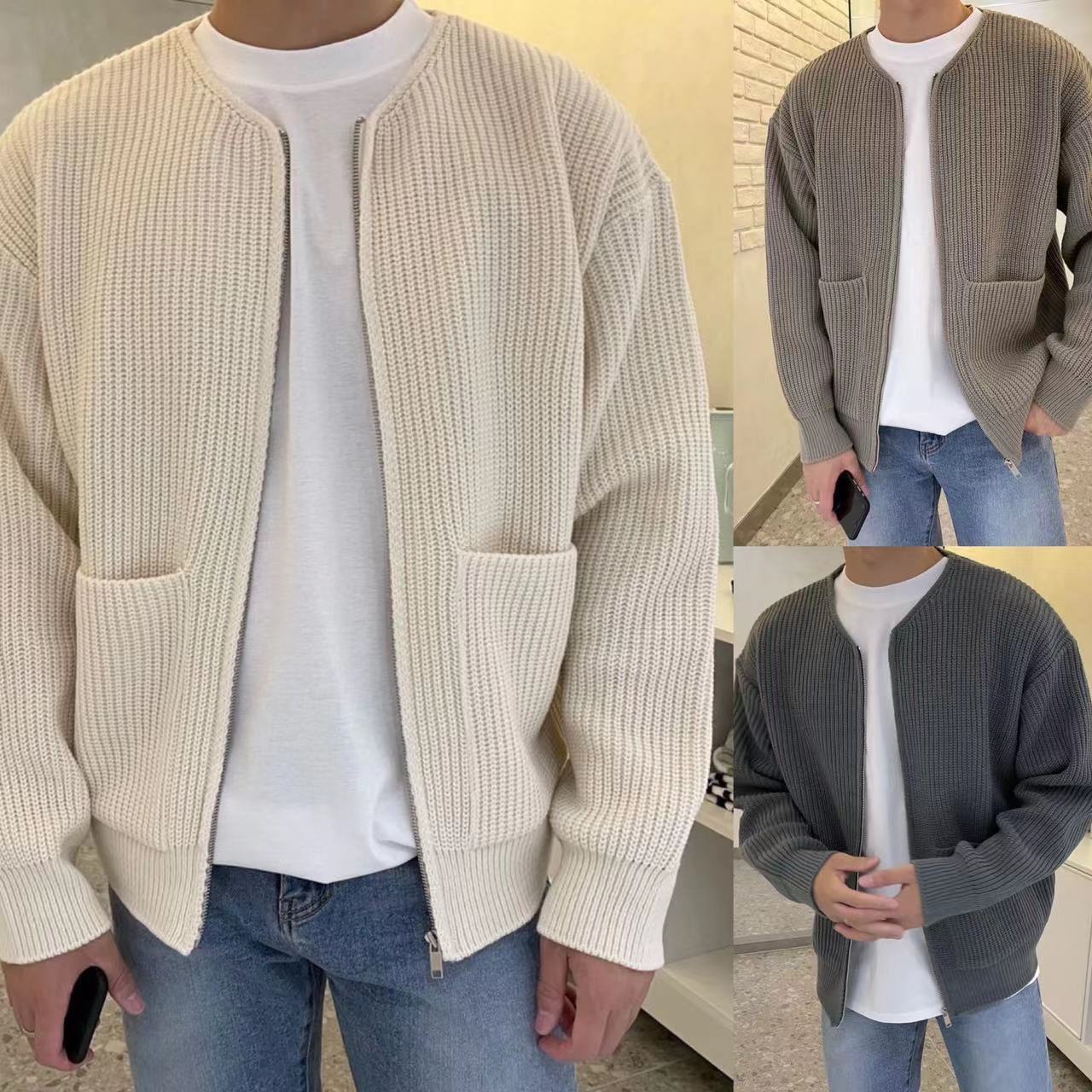 Men Zip Up Knitted Cardigan Lined Funnel Neck Jumper Sweater Pockets Coat All Seasons Comfortable