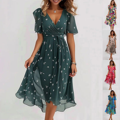 Chiffon Short Sleeve Summer Dress Elegant V-neck Dresses