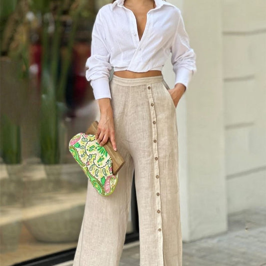 Casual Solid Color Lapel Shirt Loose Pants - Two-piece Set