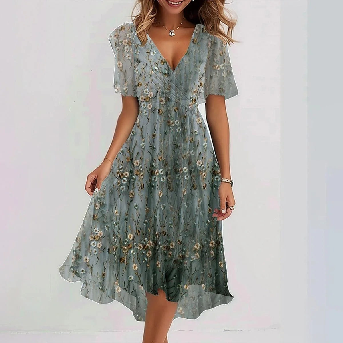 Chiffon Short Sleeve Summer Dress Elegant V-neck Dresses