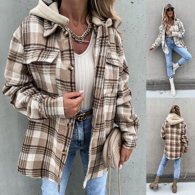 Wolljacke Wintermode Plaid Kapuzenmantel mit abnehmbarer Kappe und Taschen Design