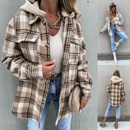 Wolljacke Wintermode Plaid Kapuzenmantel mit abnehmbarer Kappe und Taschen Design