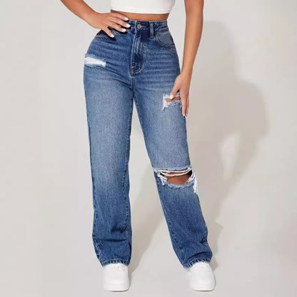 Zerrissene trendige Damen Jeans gerade, hohe Taille