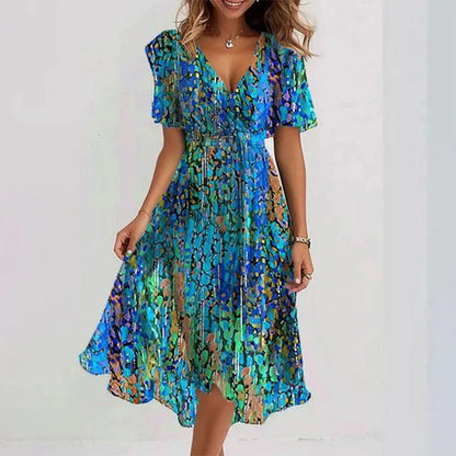 Chiffon Short Sleeve Summer Dress Elegant V-neck Dresses