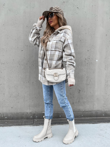 Wolljacke Wintermode Plaid Kapuzenmantel mit abnehmbarer Kappe und Taschen Design