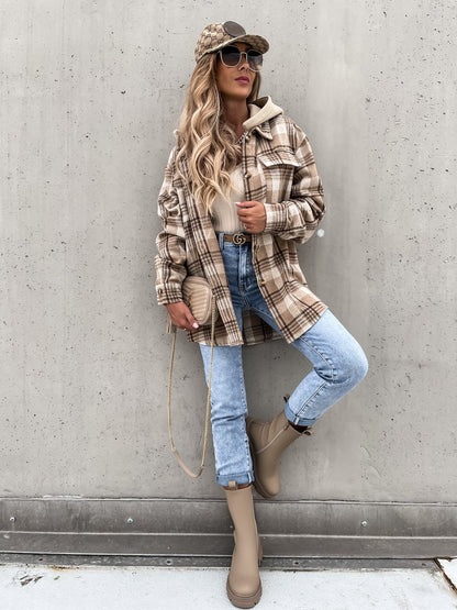 Wolljacke Wintermode Plaid Kapuzenmantel mit abnehmbarer Kappe und Taschen Design