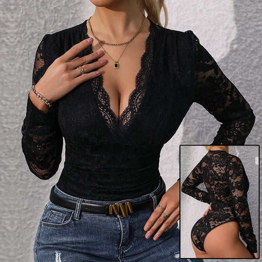 Women's Lace Up Long Sleeve Bodysuit Romper