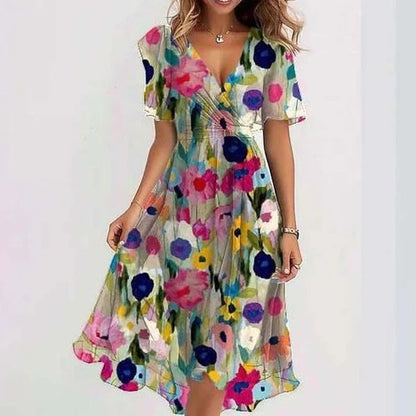 Chiffon Short Sleeve Summer Dress Elegant V-neck Dresses