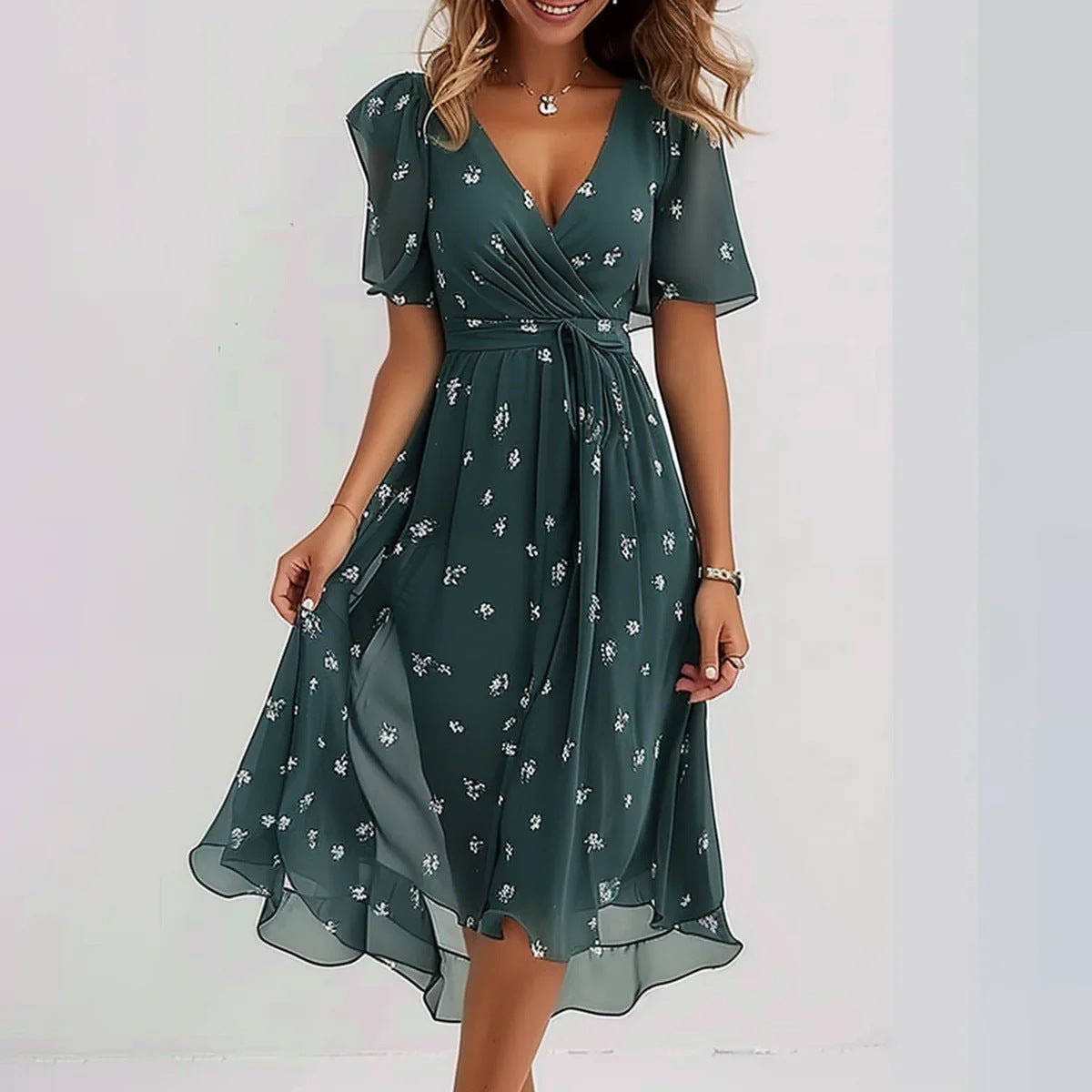 Chiffon Short Sleeve Summer Dress Elegant V-neck Dresses