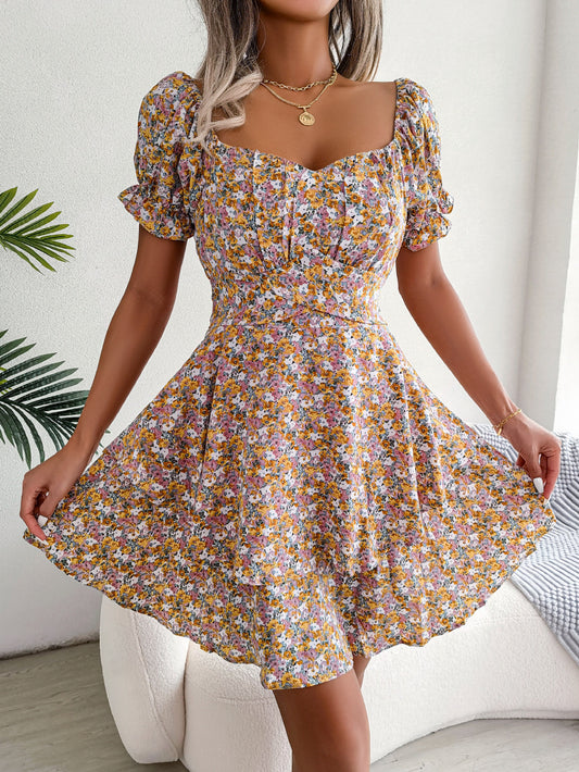 Big Swing Loose Hem Flower Print Shirring Dress