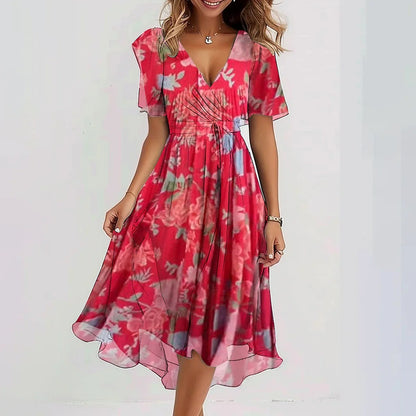 Chiffon Short Sleeve Summer Dress Elegant V-neck Dresses