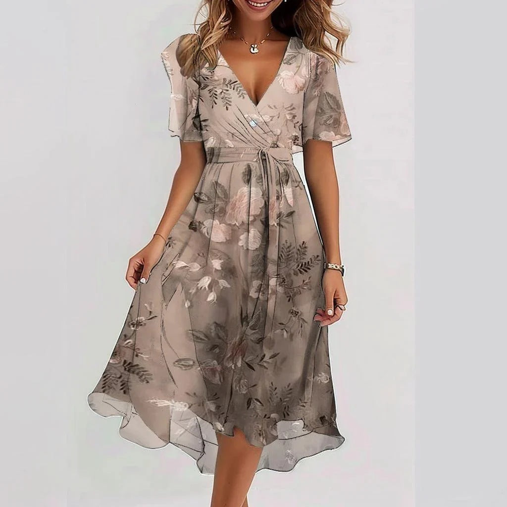 Chiffon Short Sleeve Summer Dress Elegant V-neck Dresses