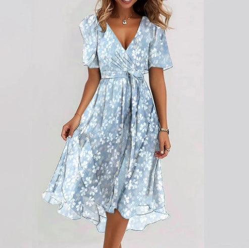 Chiffon Short Sleeve Summer Dress Elegant V-neck Dresses