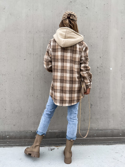 Wolljacke Wintermode Plaid Kapuzenmantel mit abnehmbarer Kappe und Taschen Design