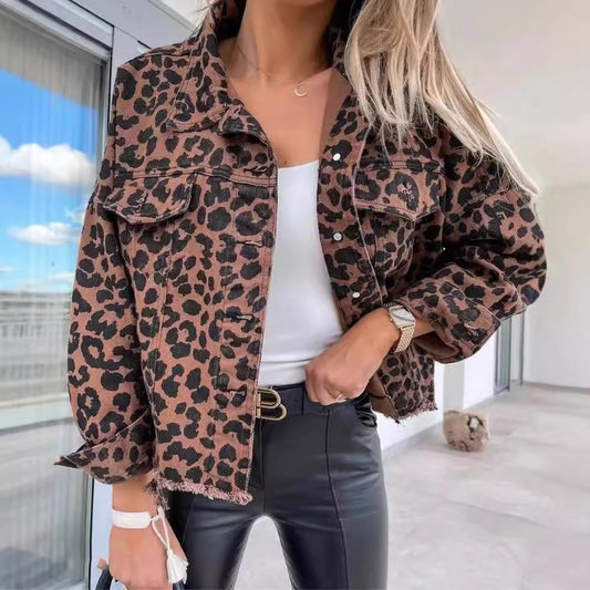 Women's Leopard Jacket With Pocket Lapel Single-breasted Denim Overcoat