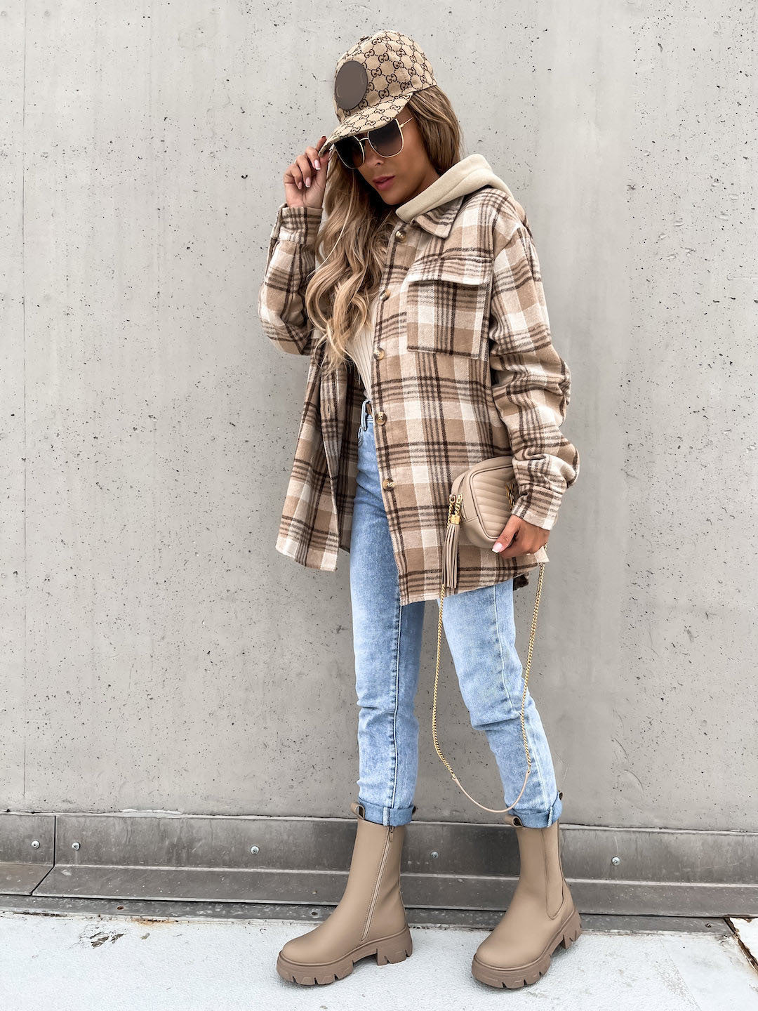 Wolljacke Wintermode Plaid Kapuzenmantel mit abnehmbarer Kappe und Taschen Design