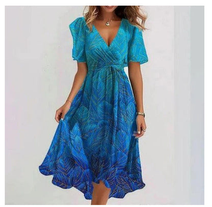 Chiffon Short Sleeve Summer Dress Elegant V-neck Dresses