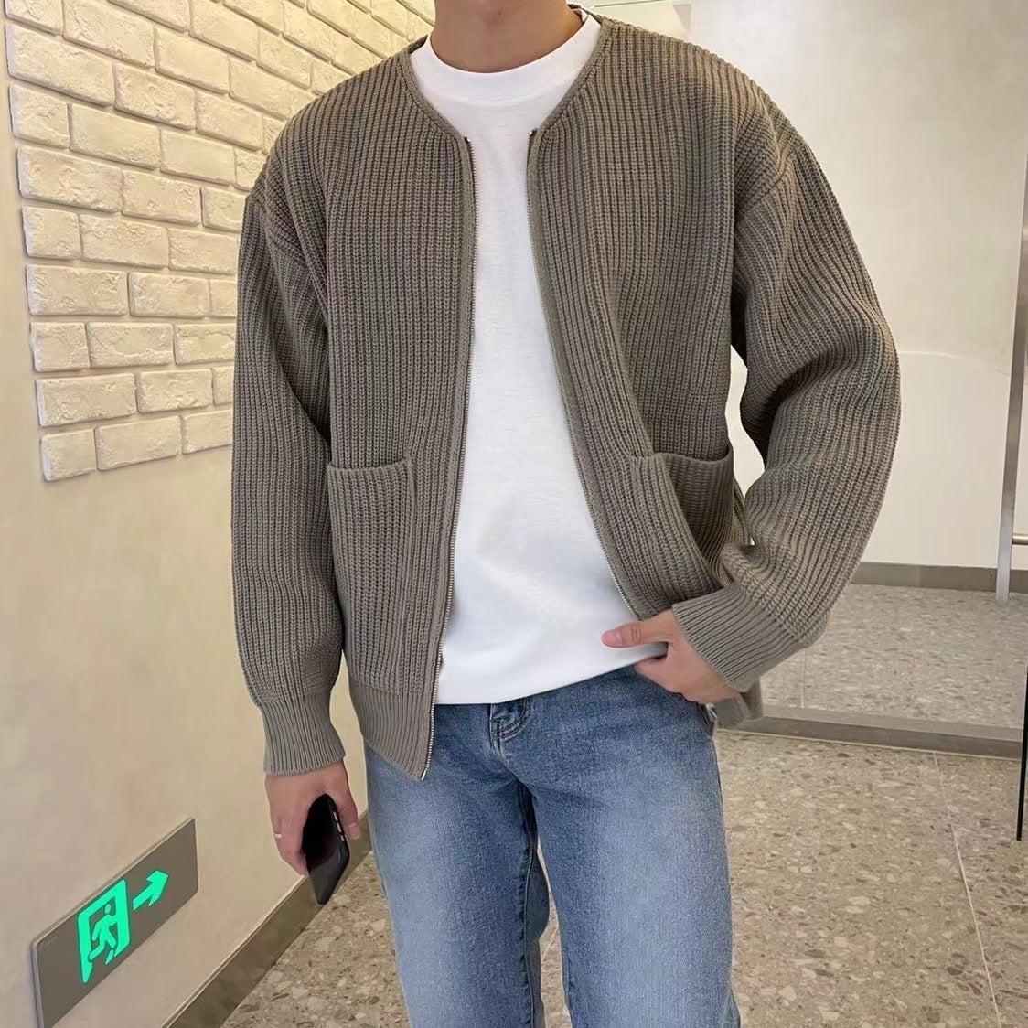 Men Zip Up Knitted Cardigan Lined Funnel Neck Jumper Sweater Pockets Coat All Seasons Comfortable